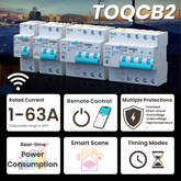 TOQCB2-JWT Tuya Wi-Fi DIN-Schienen Leitungsschutzschalter | 1P 2P 3P 4P 1-63A Einstellbar | mit Fernbedienung, Stromverbrauchsmonitor, Zeitmodi, Schaltungsschutz Tuya/Smart Life APP TONGOU